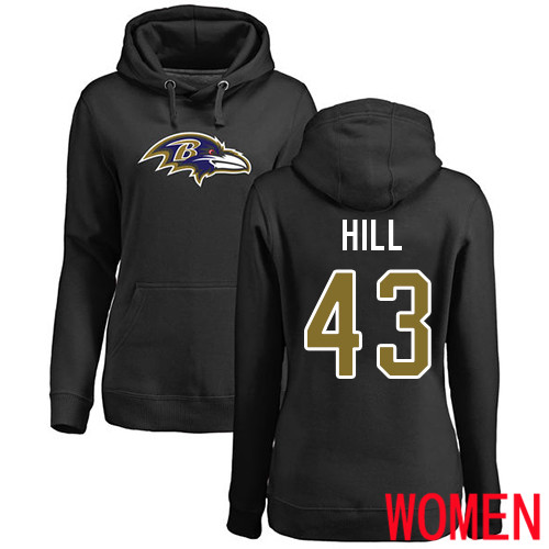 Baltimore Ravens Black Women Justice Hill Name and Number Logo NFL Football #43 Pullover Hoodie Sweatshirt->baltimore ravens->NFL Jersey
